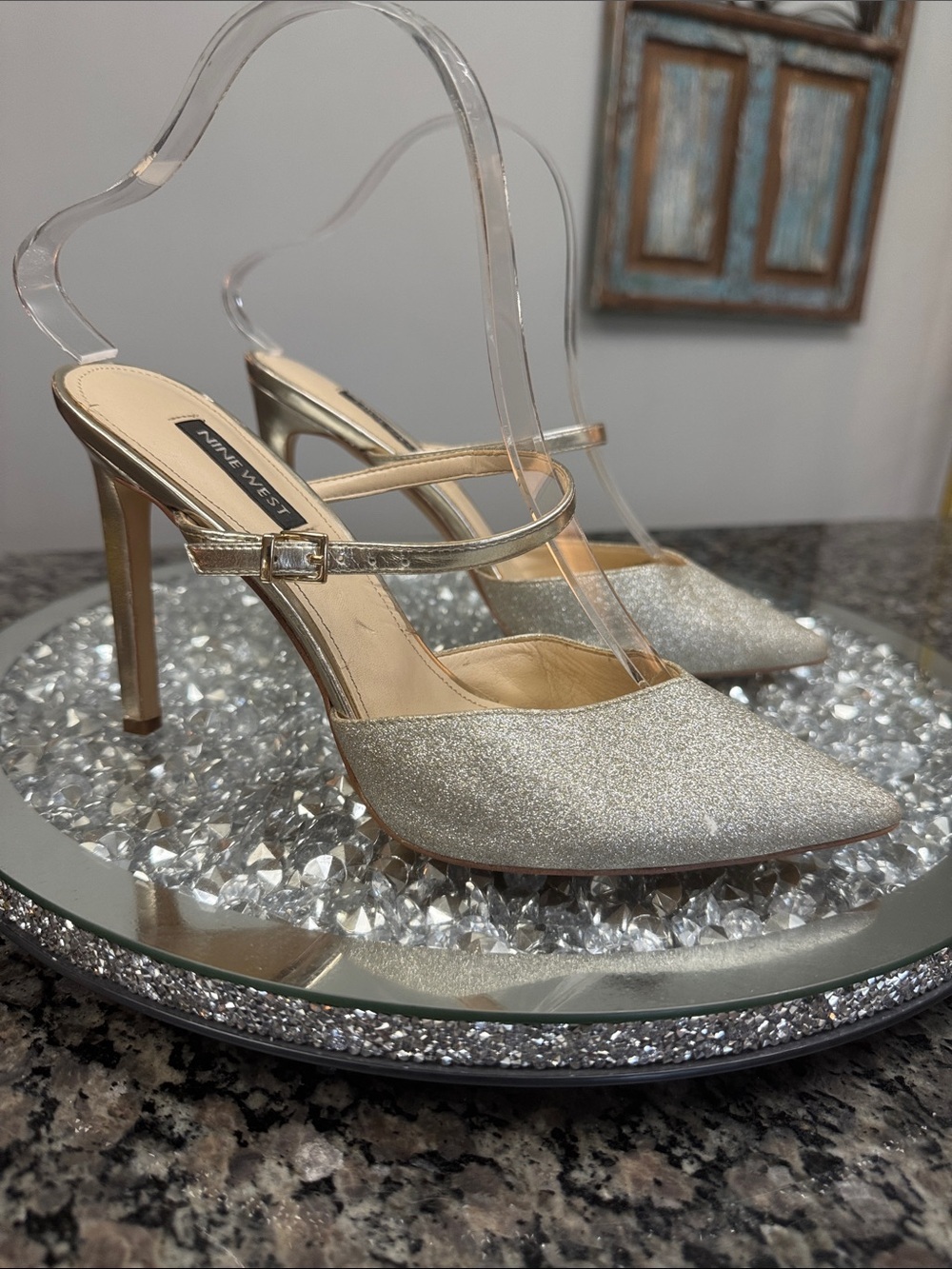 Nine West Silver Glitter Pointed-Toe Slingback Heels